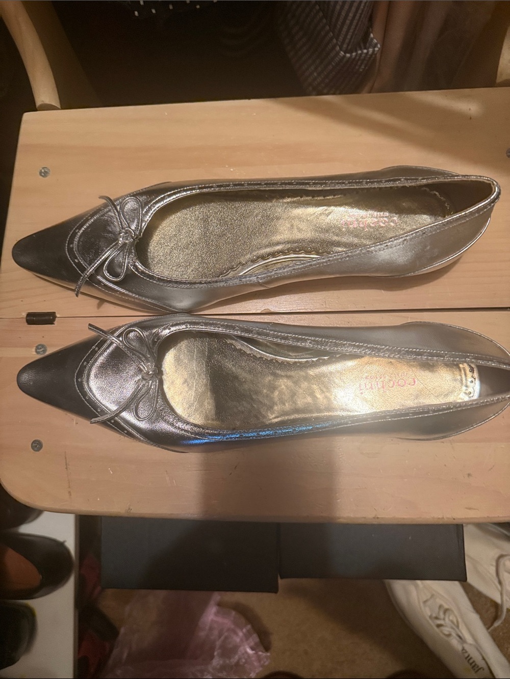Pointed Metallic Silver Ballet Flats with Bow Accent